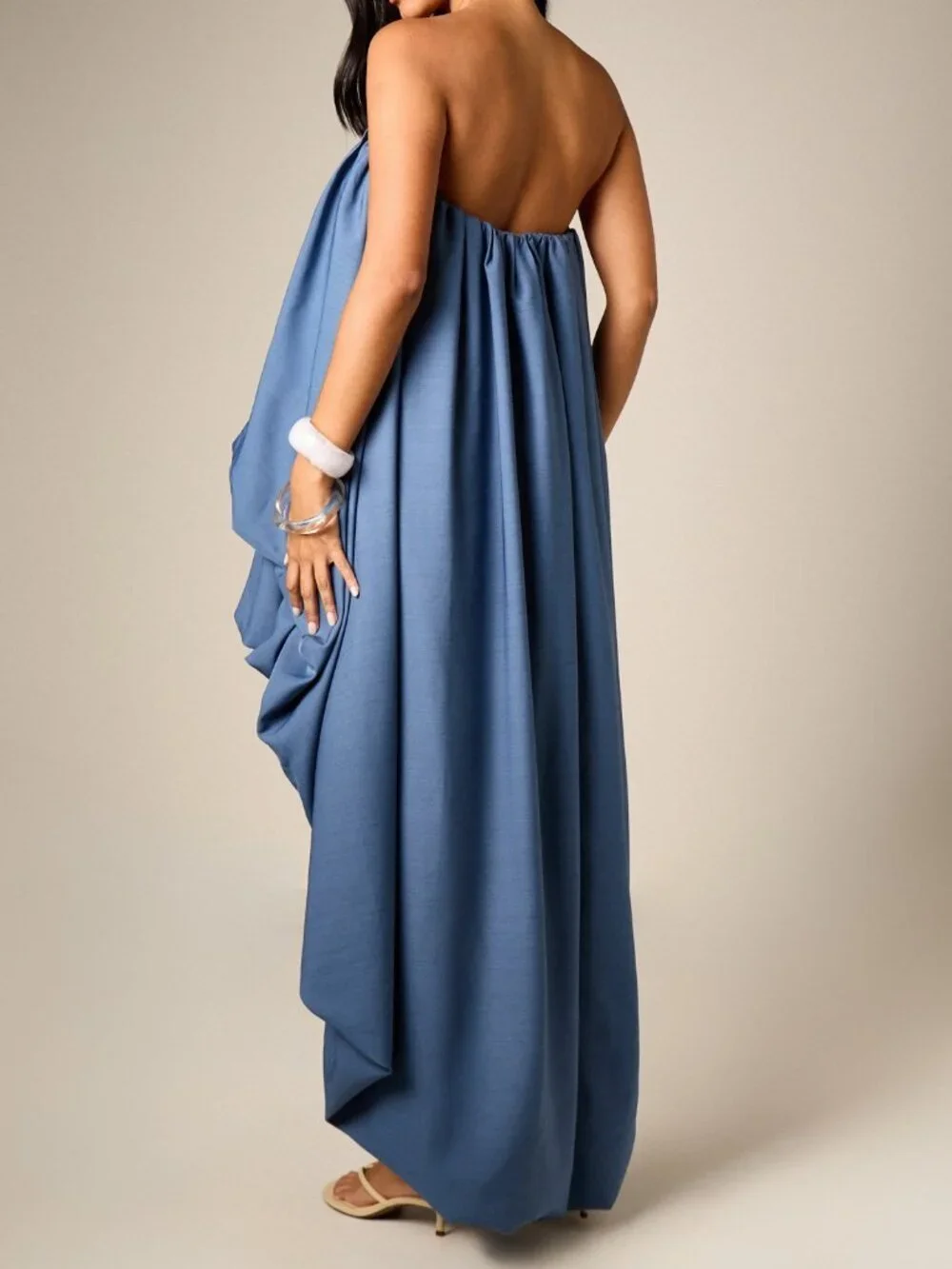 Blue Casual Women's Strapless Maxi Dress with Bubble Hem